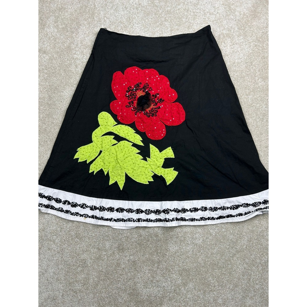 Zashi Black A Line Skirt M Floral Applique Sequin Beaded Whimsigoth Boho